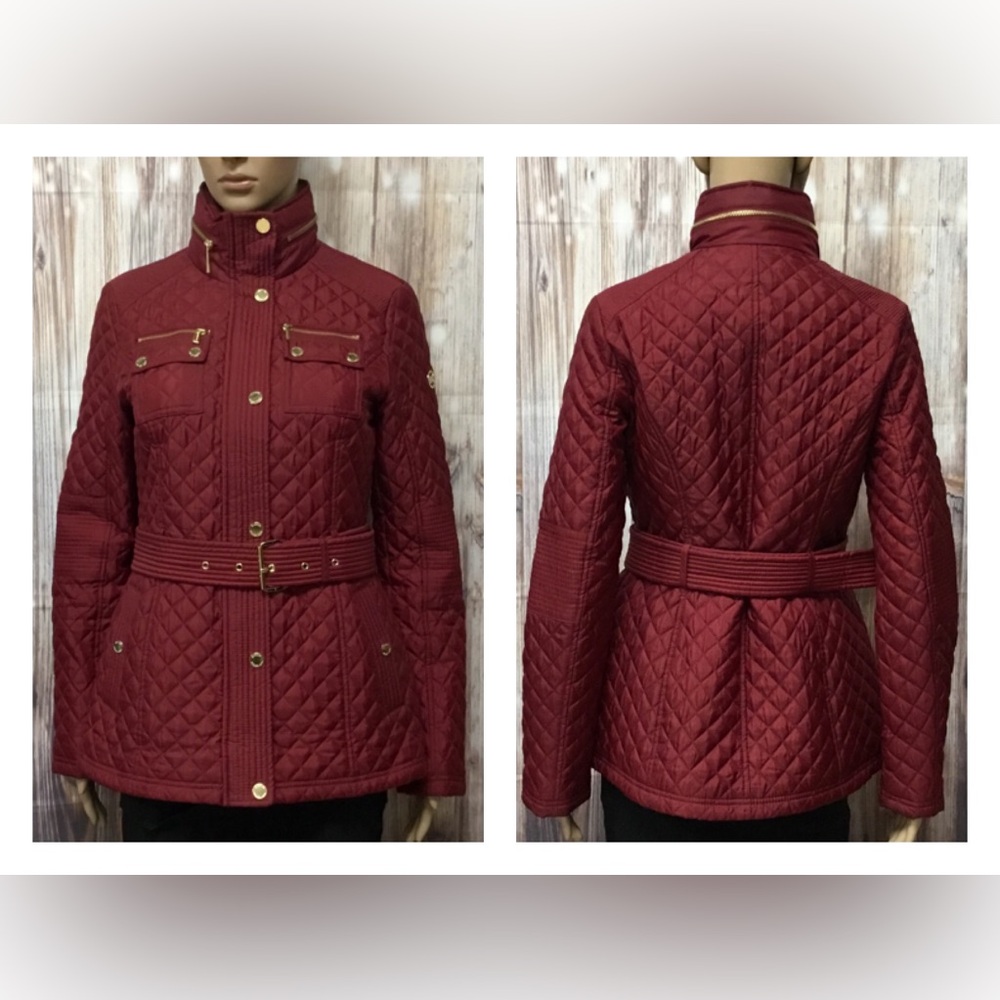 MICHAEL KORS Burgundy/Gold Quilted Jacket w/Belt